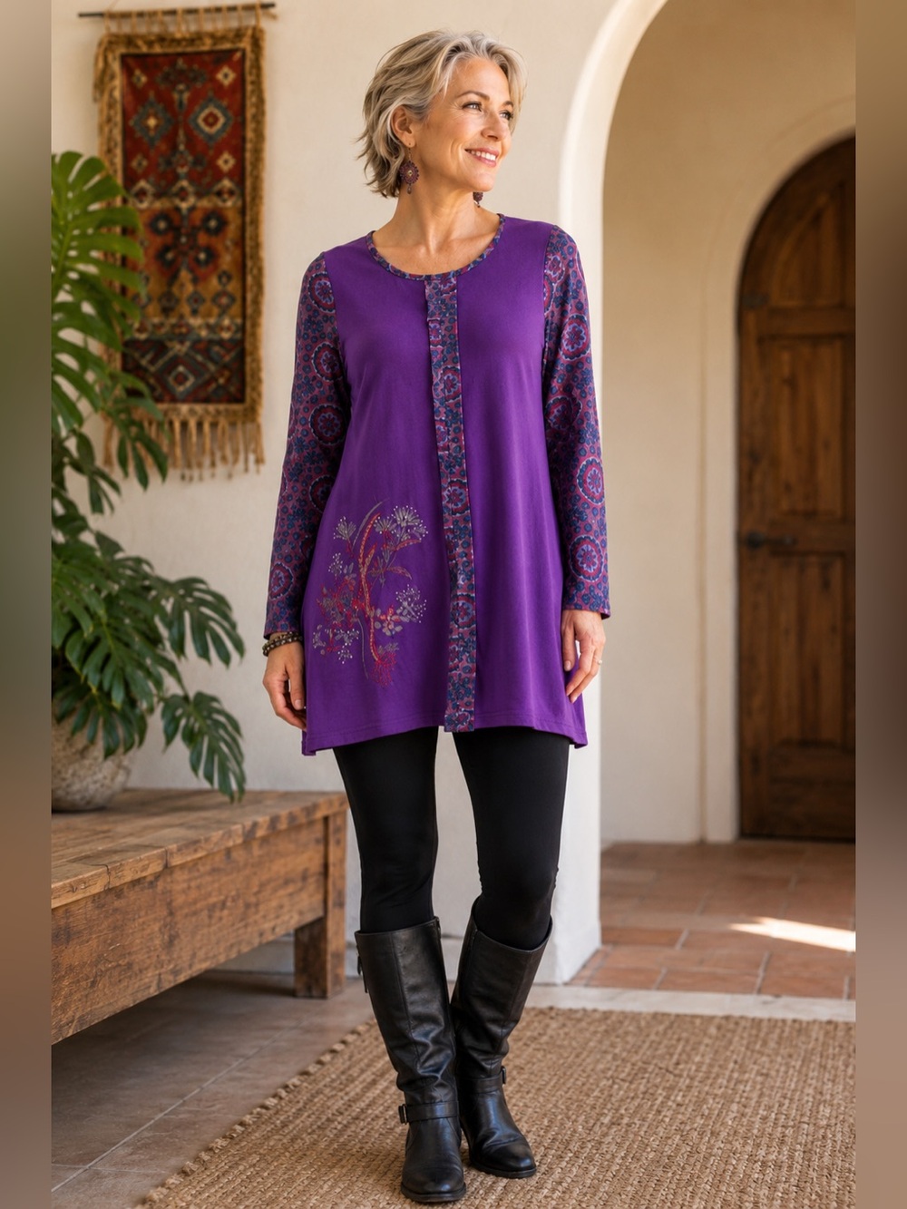 Windhorse S/M Purple Embroidered Boho Lagenlook Asymmetrical Tunic Nepal Artsy
